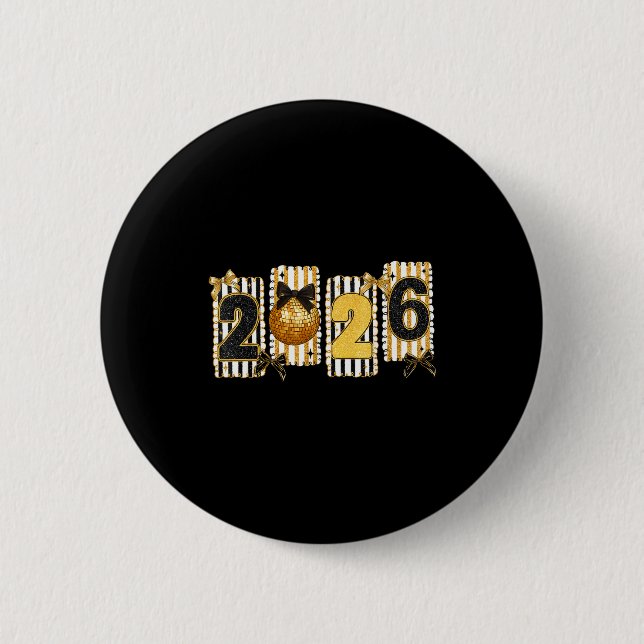 Happy New Year 2026 Disco Ball Gold Coquette Bow F 6 Cm Round Badge (Front)