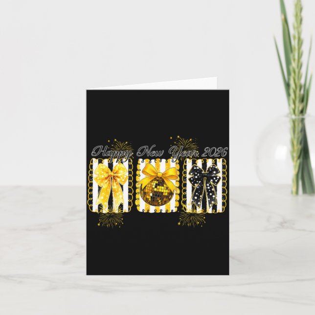 Happy New Year 2026 Disco Ball Gold Coquette Bow F Card (Front)