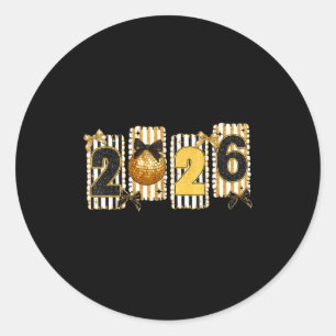 Happy New Year 2026 Disco Ball Gold Coquette Bow F Classic Round Sticker