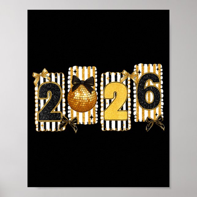 Happy New Year 2026 Disco Ball Gold Coquette Bow F Poster (Front)