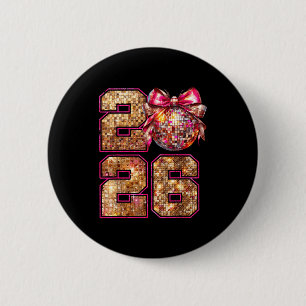Happy New Year 2026 Disco Ball Nk Coquette Bow Fam 6 Cm Round Badge