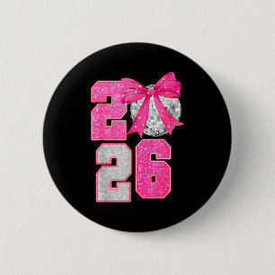 Happy New Year 2026 Disco Ball Nk Coquette Bow Fam 6 Cm Round Badge