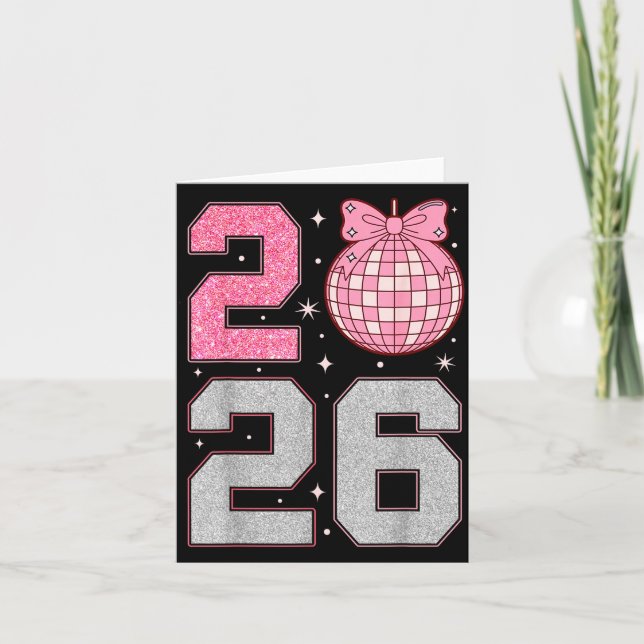 Happy New Year 2026 Disco Ball Nk Coquette Bow Fam Card (Front)