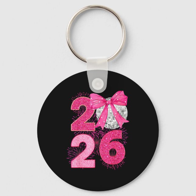 Happy New Year 2026 Disco Ball Nk Coquette Bow Fam Key Ring (Front)
