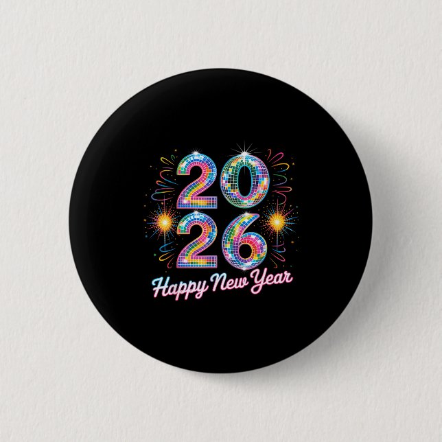 Happy New Year 2026 Disco Ball Retro Family Matchi 6 Cm Round Badge (Front)