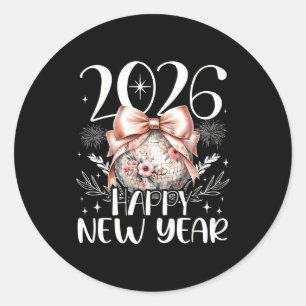 Happy New Year 2026 Disco Cute Bow Flower New Year Classic Round Sticker