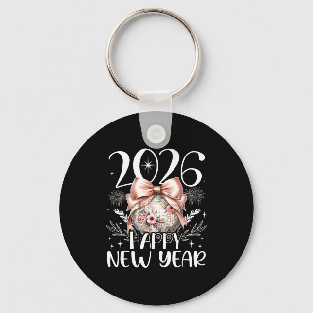 Happy New Year 2026 Disco Cute Bow Flower New Year Key Ring (Front)