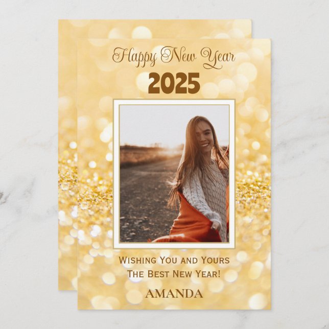 Happy New Year 2026 Elegant Gold Glitter Holiday Card (Front/Back)