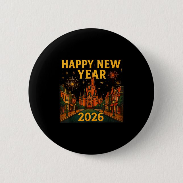 Happy New Year 2026 Fantasy Castle Fireworks Night 6 Cm Round Badge (Front)