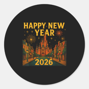 Happy New Year 2026 Fantasy Castle Fireworks Night Classic Round Sticker