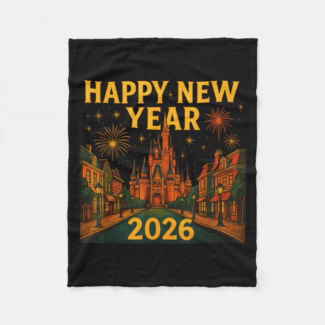 Happy New Year 2026 Fantasy Castle Fireworks Night Fleece Blanket (Front)