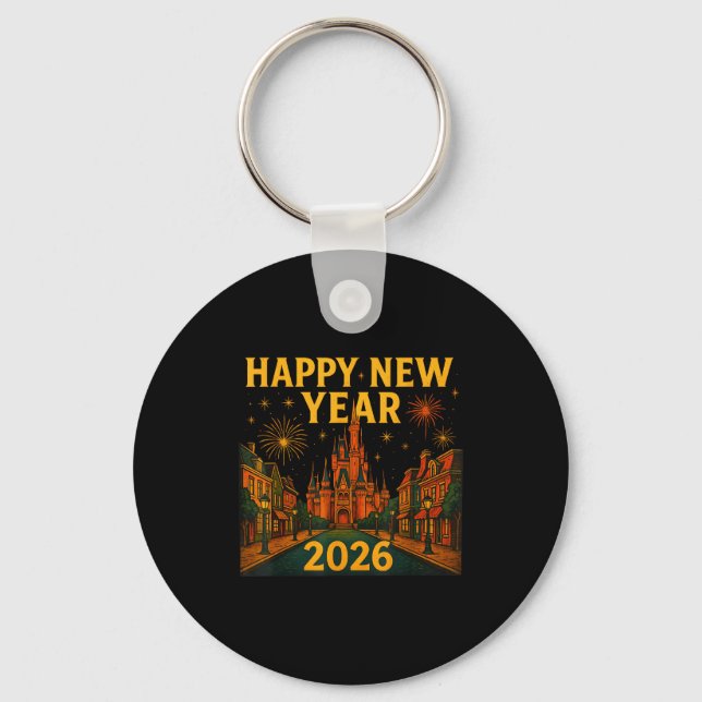 Happy New Year 2026 Fantasy Castle Fireworks Night Key Ring (Front)