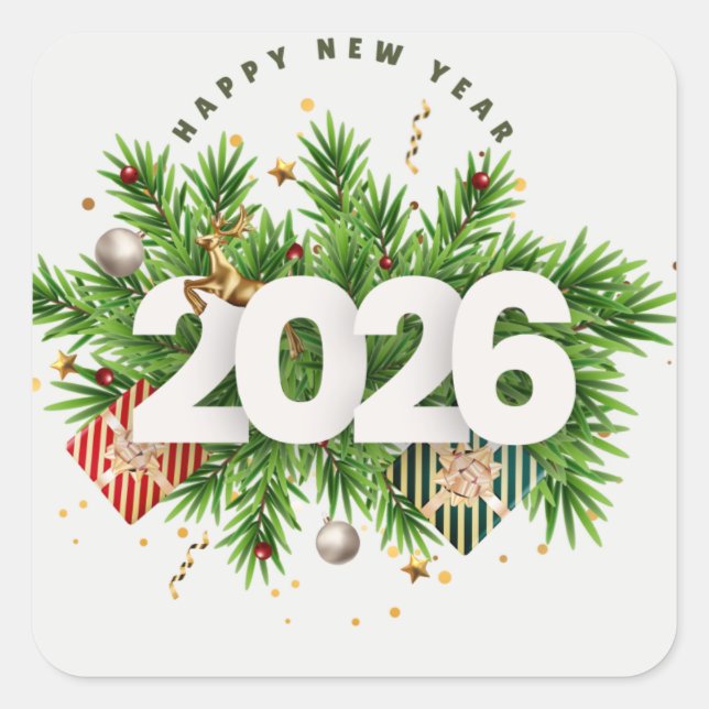 Happy New Year 2026 Festive Christmas Greenery Des Square Sticker (Front)