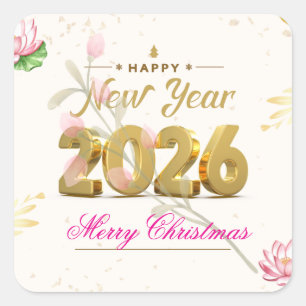 Happy New Year 2026 Festive Christmas Greenery Des Square Sticker