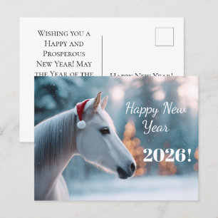 Happy New Year 2026: Festive Horse in Santa Hat Holiday Postcard