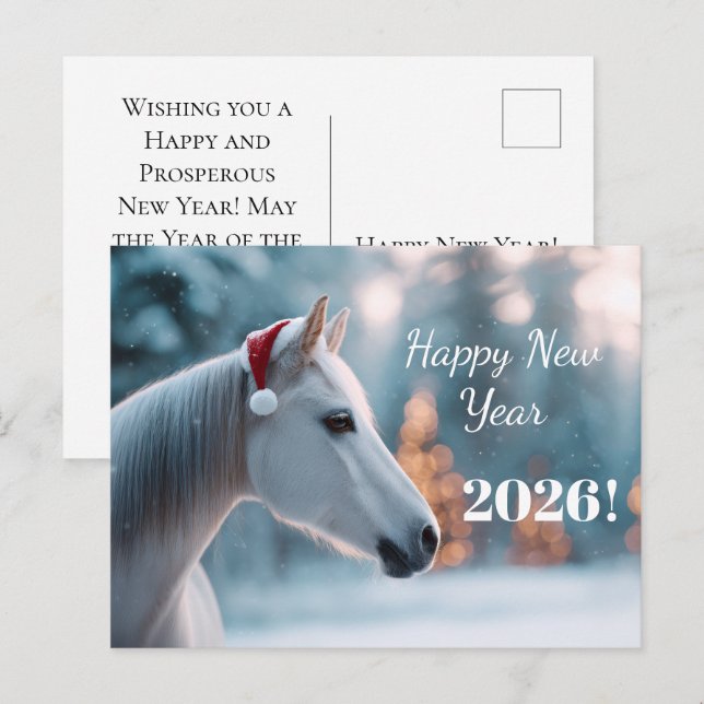 Happy New Year 2026: Festive Horse in Santa Hat  Holiday Postcard (Front/Back)