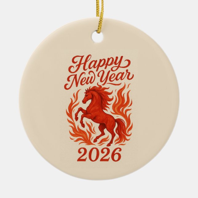 Happy New Year 2026 Fiery Horse Ceramic Tree Decoration (Front)