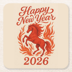 Happy New Year 2026 Fiery Horse Square Paper Coaster