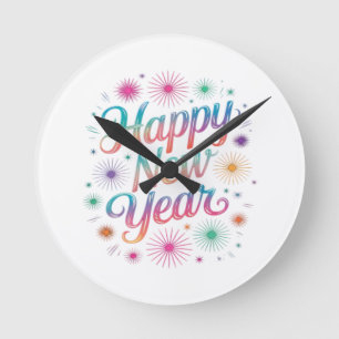 Happy New Year 2026 Fireworks Essential Round Clock