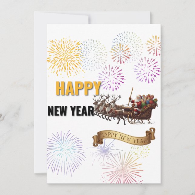 Happy New Year 2026 – Fireworks & Santa Sleigh Gre Invitation (Front)