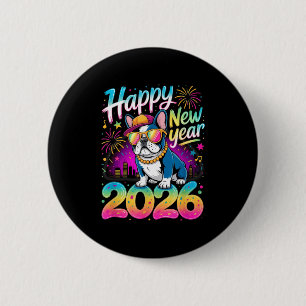 Happy New Year 2026 French Bulldog Fireworks Party 6 Cm Round Badge