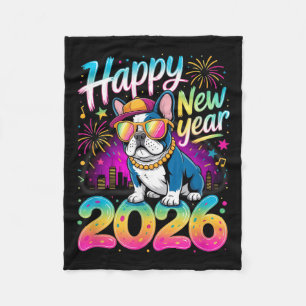 Happy New Year 2026 French Bulldog Fireworks Party Fleece Blanket