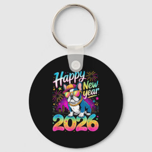 Happy New Year 2026 French Bulldog Fireworks Party Key Ring