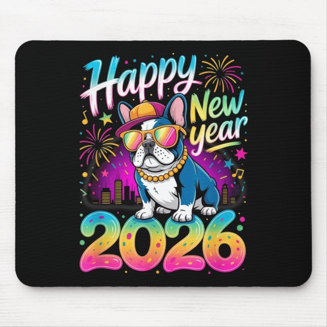 Happy New Year 2026 French Bulldog Fireworks Party Mouse Mat (Front)