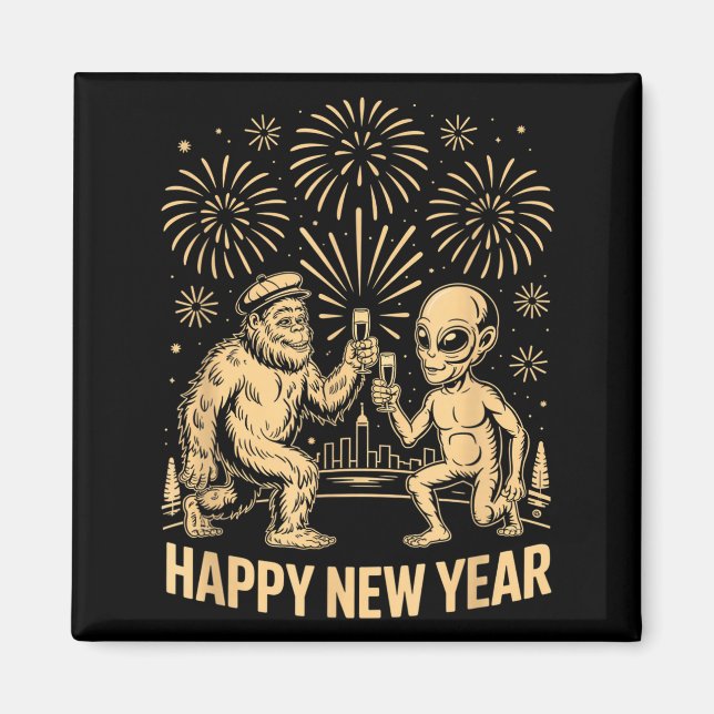 Happy New Year 2026 Funny Bigfoot And Alien Lovers Magnet (Front)