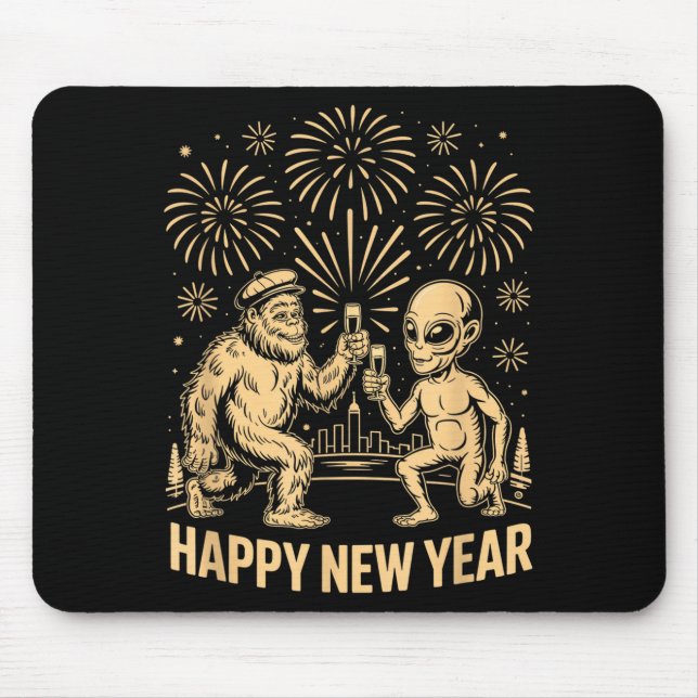 Happy New Year 2026 Funny Bigfoot And Alien Lovers Mouse Mat (Front)