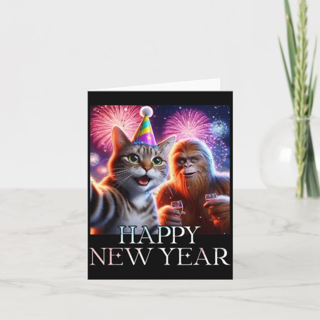 Happy New Year 2026 Funny Cat Bigfoot Party Art  Card (Front)