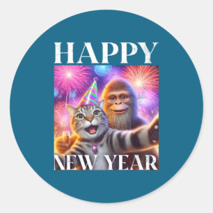 Happy New Year 2026 Funny Cat Bigfoot Party Art  Classic Round Sticker