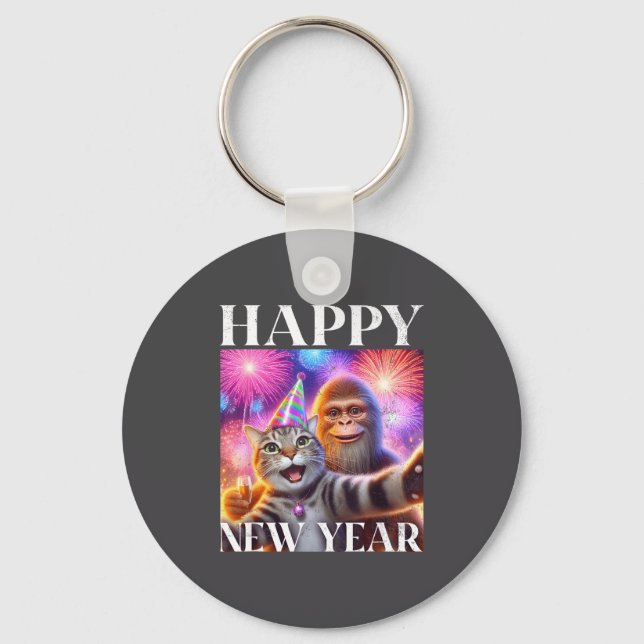 Happy New Year 2026 Funny Cat Bigfoot Party Art  Key Ring (Front)
