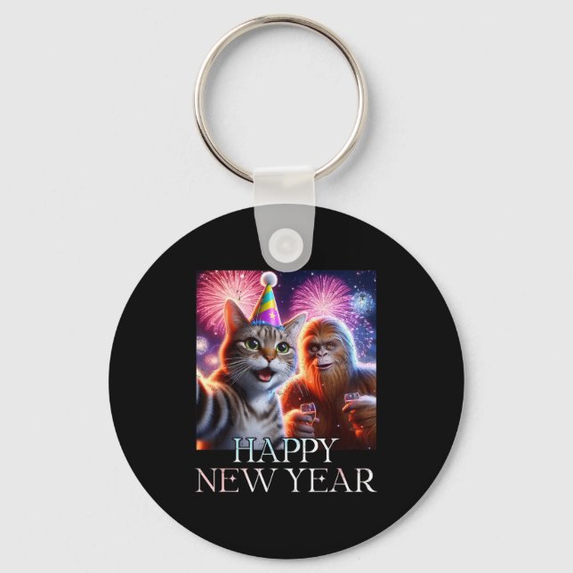 Happy New Year 2026 Funny Cat Bigfoot Party Art  Key Ring (Front)