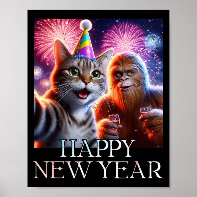 Happy New Year 2026 Funny Cat Bigfoot Party Art  Poster (Front)