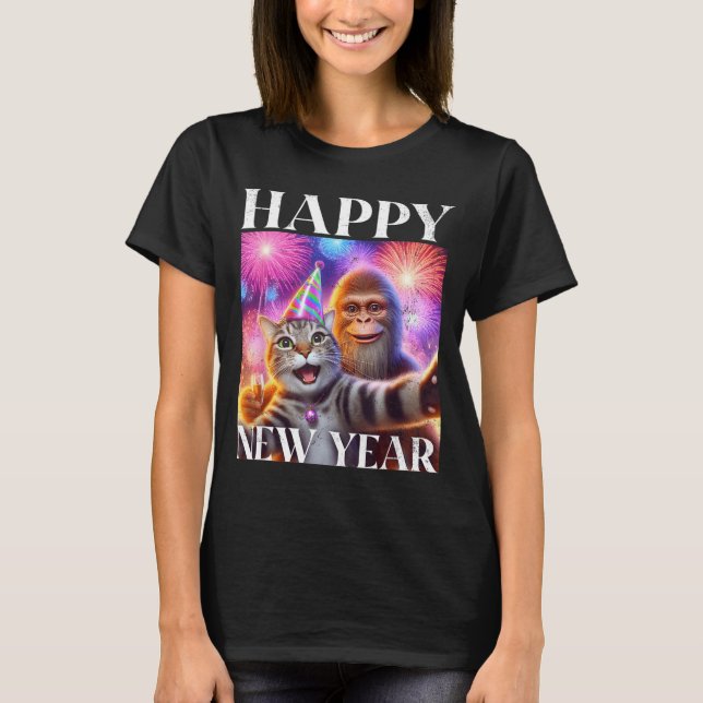 Happy New Year 2026 Funny Cat Bigfoot Party Art  T-Shirt (Front)