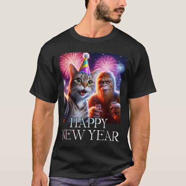 Happy New Year 2026 Funny Cat Bigfoot Party Art  T-Shirt (Front)