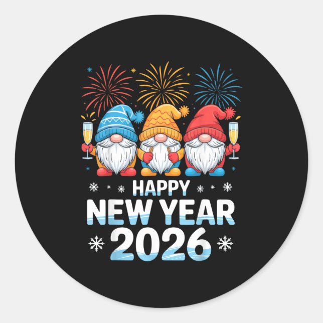 Happy New Year 2026 Gnome Cute Holiday Celebration Classic Round Sticker (Front)