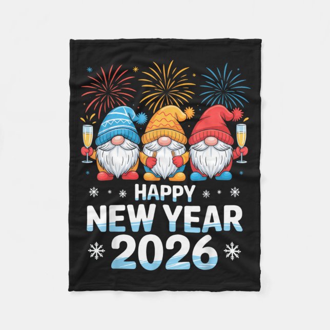 Happy New Year 2026 Gnome Cute Holiday Celebration Fleece Blanket (Front)