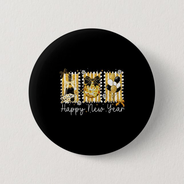 Happy New Year 2026 Gold Coquette Bow Disco Ball C 6 Cm Round Badge (Front)