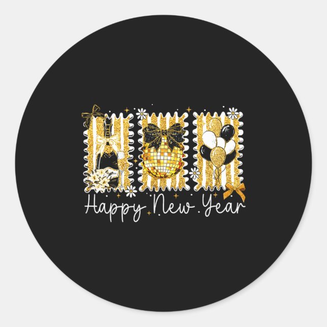 Happy New Year 2026 Gold Coquette Bow Disco Ball C Classic Round Sticker (Front)