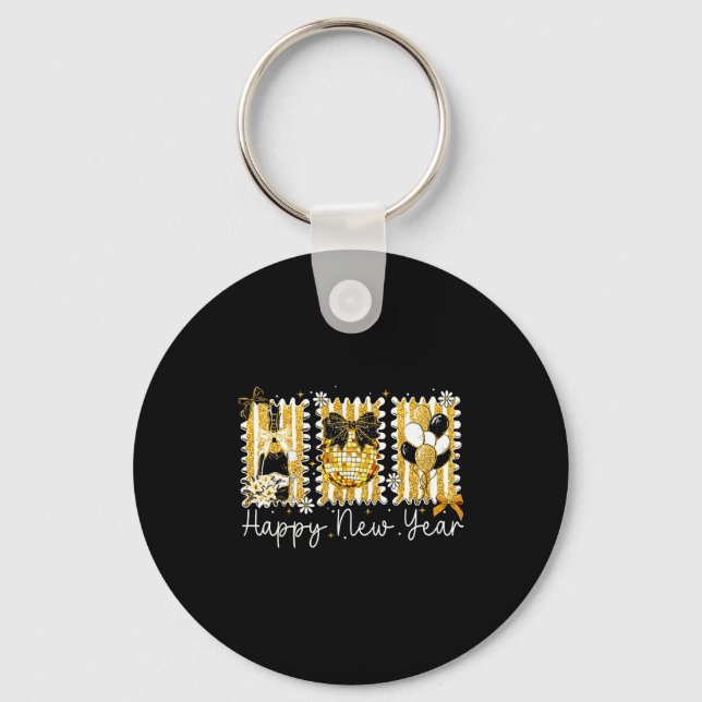 Happy New Year 2026 Gold Coquette Bow Disco Ball C Key Ring (Front)