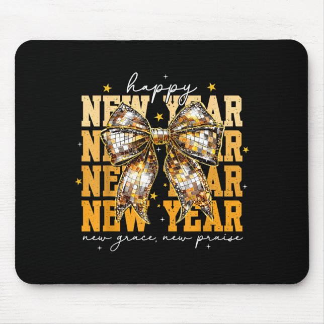 Happy New Year 2026 Gold Coquette Bow Disco Ball C Mouse Mat (Front)