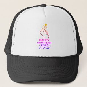 Happy New Year 2026 Gold Hand Heart Trucker Hat