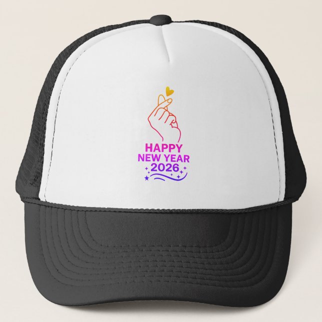 Happy New Year 2026 Gold Hand Heart Trucker Hat (Front)