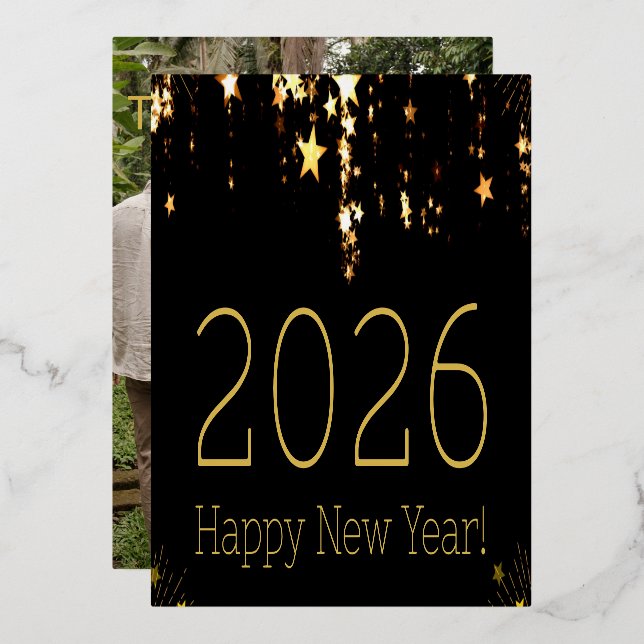 HAPPY NEW YEAR 2026 GOLD STARS FAMILY PHOTO BACK FOIL HOLIDAY CARD (Front/Back)