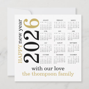 Happy New Year 2026 Gold White Calendar  Holiday Card