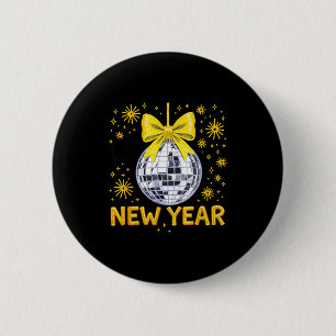 Happy New Year 2026 Golden Disco Ball Bow New Year 6 Cm Round Badge