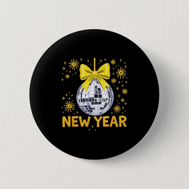Happy New Year 2026 Golden Disco Ball Bow New Year 6 Cm Round Badge (Front)