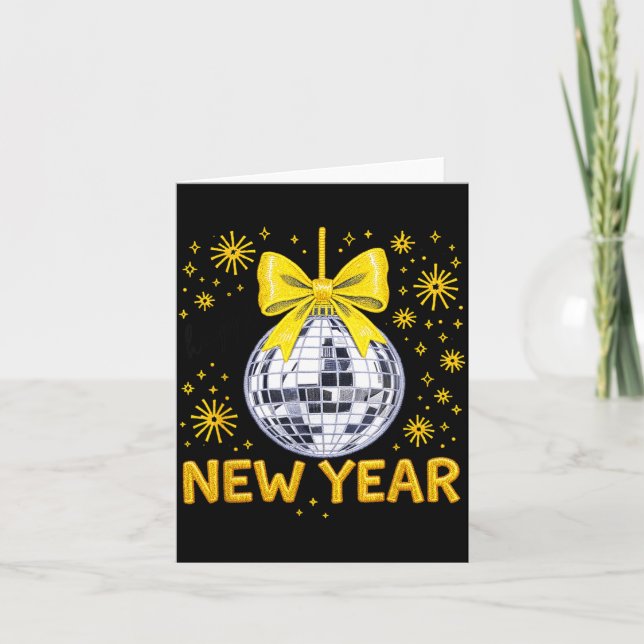 Happy New Year 2026 Golden Disco Ball Bow New Year Card (Front)